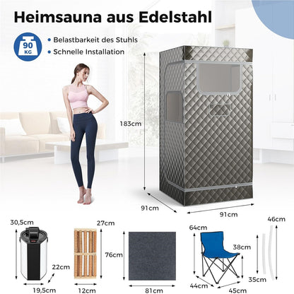 Draagbare Sauna Tent – Mobiele Sauna – InfraSauna – Stoomcabine – Wellness Tent – 35-63°C Temperatuurregeling – 3 Liter Stoomgenerator – Grijs