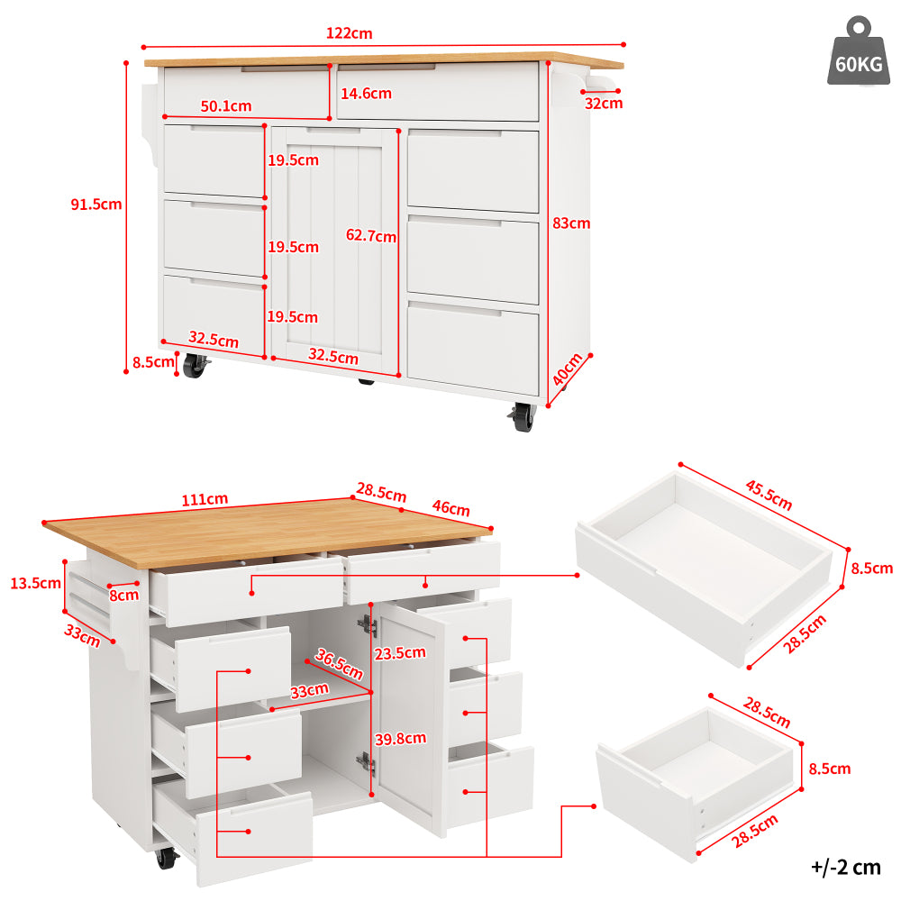Modern White Mobile Kitchen Island with Worktop & 8-Drawer Storage Cart Castors - Heavy-Duty Serving Trolley with Spice Rack, Assembly, Space-Saving Cabinet for Small Kitchens, Dining & Living Room Furniture (Non-Wood)