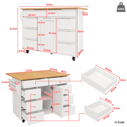 Modern White Mobile Kitchen Island with Worktop & 8-Drawer Storage Cart Castors - Heavy-Duty Serving Trolley with Spice Rack, Assembly, Space-Saving Cabinet for Small Kitchens, Dining & Living Room Furniture (Non-Wood)