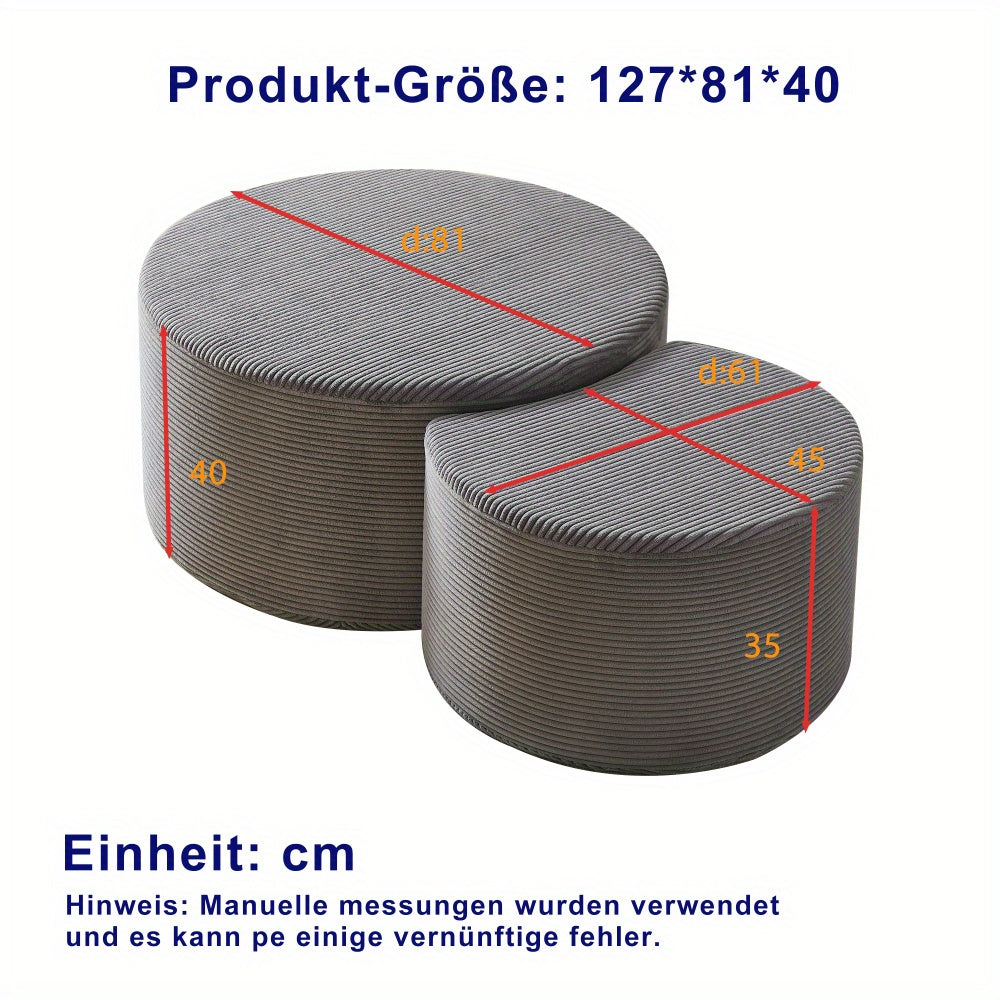 Salontafelset – Salontafel – Bijzettafel – Voetenbankje – Opbergtafel – Rond – Modern Grijs Stof – Met Opbergruimte en Metalen Frame