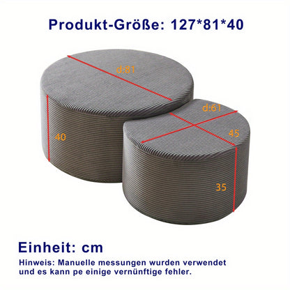 Salontafelset – Salontafel – Bijzettafel – Voetenbankje – Opbergtafel – Rond – Modern Grijs Stof – Met Opbergruimte en Metalen Frame
