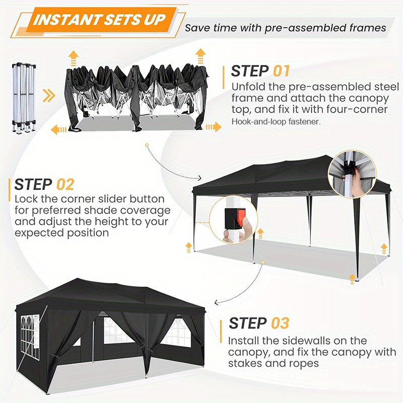 Partytent – Tuinent – Paviljoen – Vouwtent – Tent – Pop-up – 6 Afneembare Zijwanden – 3x6 Meter – Inclusief Draagtas – Eenvoudig Op Te Zetten - Zwart