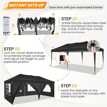 Partytent – Tuinent – Paviljoen – Vouwtent – Tent – Pop-up – 6 Afneembare Zijwanden – 3x6 Meter – Inclusief Draagtas – Eenvoudig Op Te Zetten - Zwart
