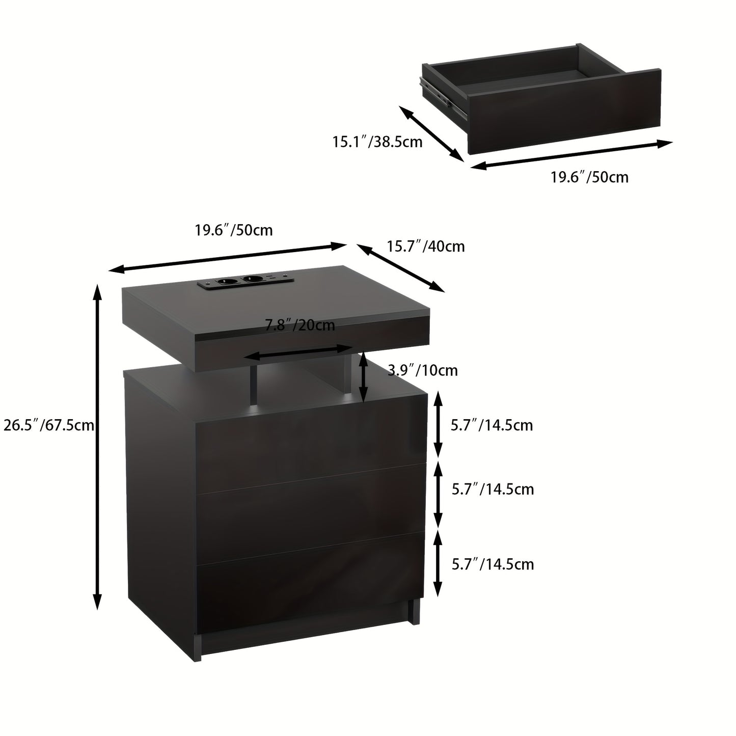 Nachtkastje – Bijzettafel – Wandkastje – Ladekastje – Opbergkast – Massief Hout – 3 Lades – Zwart – Compact – Duurzaam