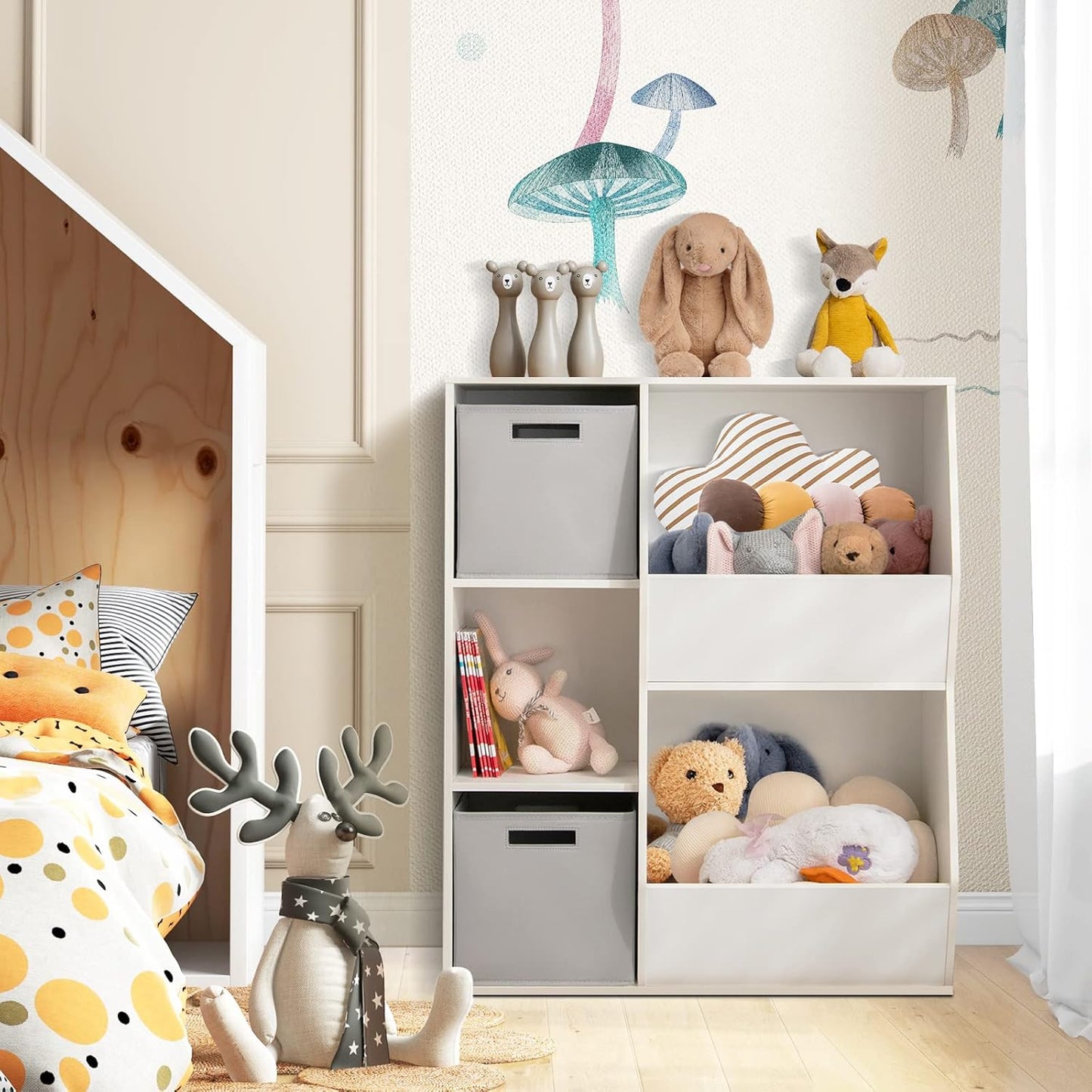 Opbergkast Kind – Speelgoedkast – Boekenkast – Kindermeubel – Opbergrek – 5 Vakken – 2 Stoffen Binten – Wit Hout – Compact & Stevig Design – Kindvriendelijk