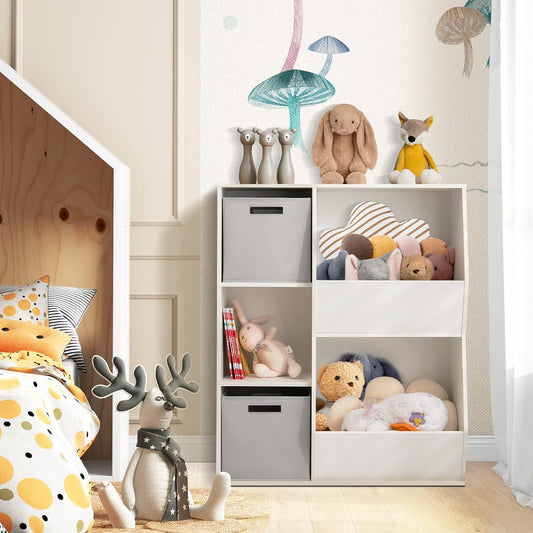 Opbergkast Kind – Speelgoedkast – Boekenkast – Kindermeubel – Opbergrek – 5 Vakken – 2 Stoffen Binten – Wit Hout – Compact & Stevig Design – Kindvriendelijk
