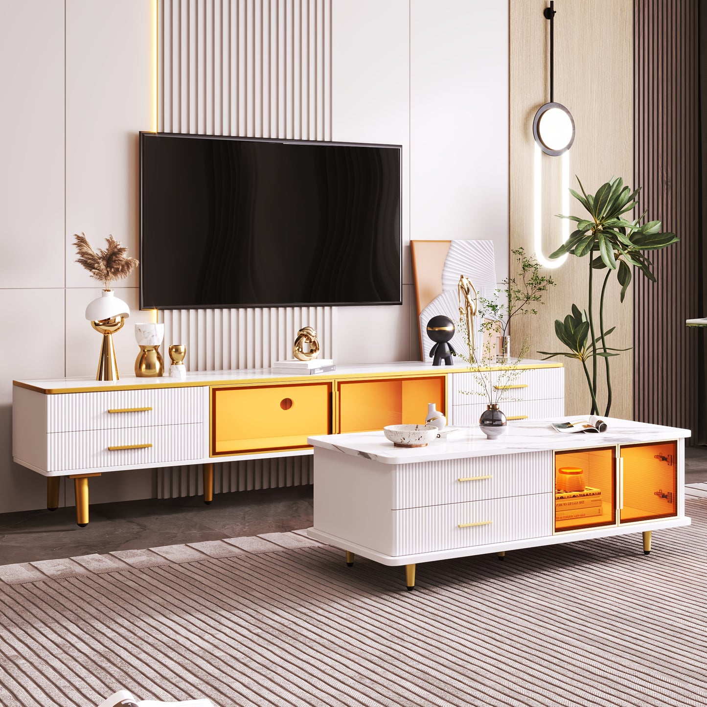 tv-meubel – tv-kast – tv-dressoir – televisie meubel – media meubel – wit met marmerlook – 4 lades – duurzaam niet-hout materiaal – 170x37x47,5 cm – gouden details