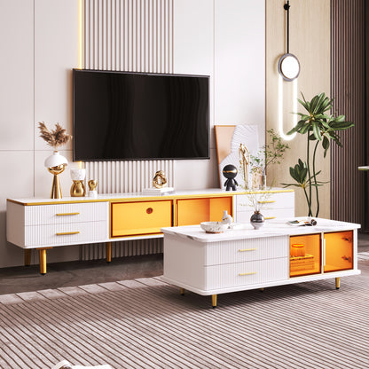 tv-meubel – tv-kast – tv-dressoir – televisie meubel – media meubel – wit met marmerlook – 4 lades – duurzaam niet-hout materiaal – 170x37x47,5 cm – gouden details