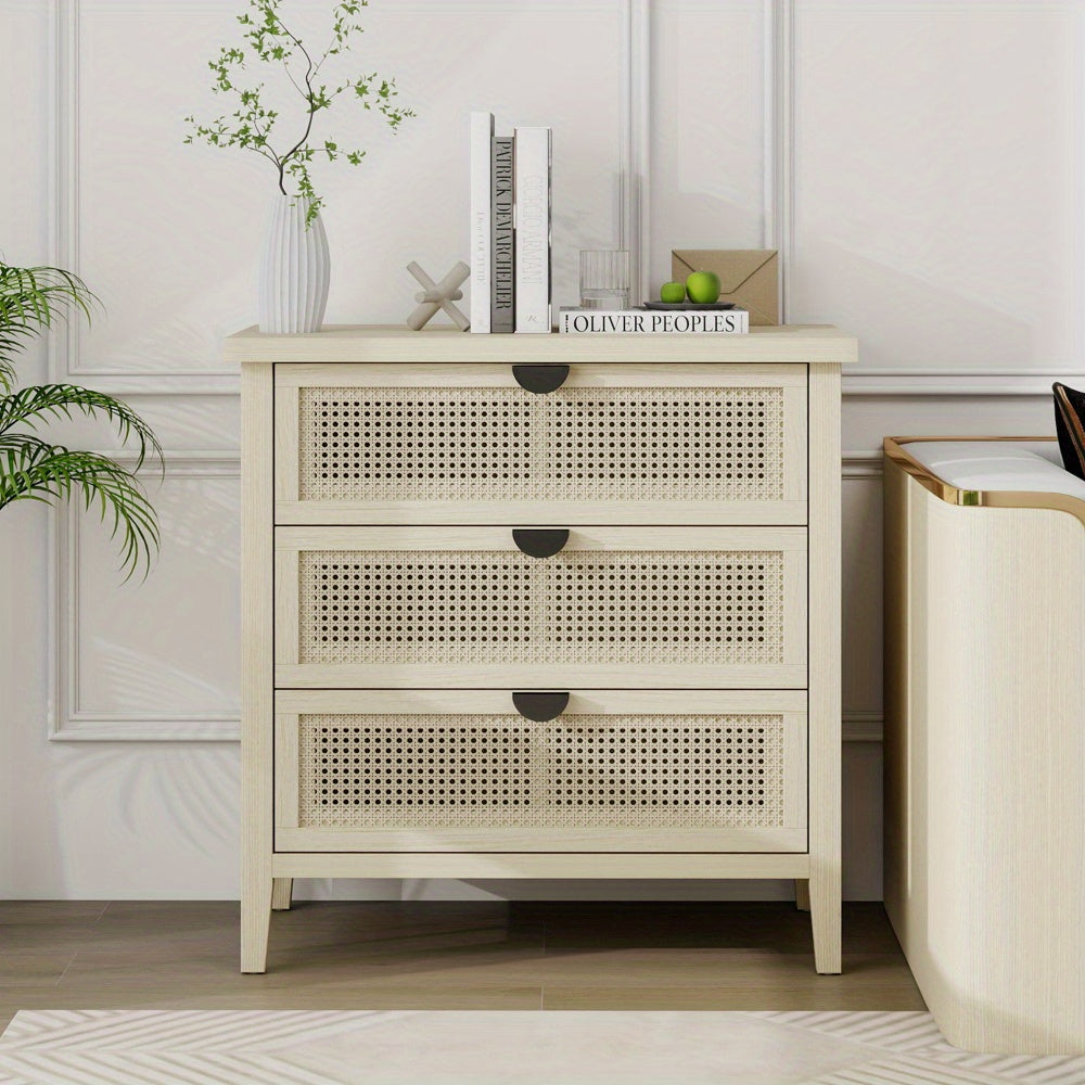 Dressoir – Kast – Opbergkast – Ladekast – Buffetkast – Modern Woven Honeycomb Design – 3 Lades Met Verwisselbare Deurpanelen – Duurzaam Niet-Houten Materiaal – Compact 80 cm Breed – Beige/Witte Afwerking Met Gouden Accenten