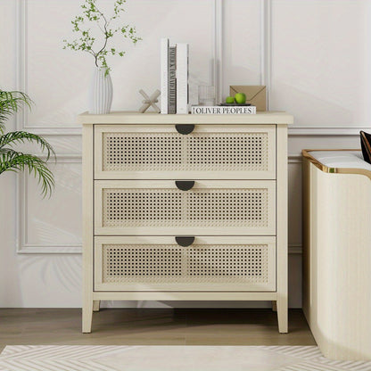 Dressoir – Kast – Opbergkast – Ladekast – Buffetkast – Modern Woven Honeycomb Design – 3 Lades Met Verwisselbare Deurpanelen – Duurzaam Niet-Houten Materiaal – Compact 80 cm Breed – Beige/Witte Afwerking Met Gouden Accenten