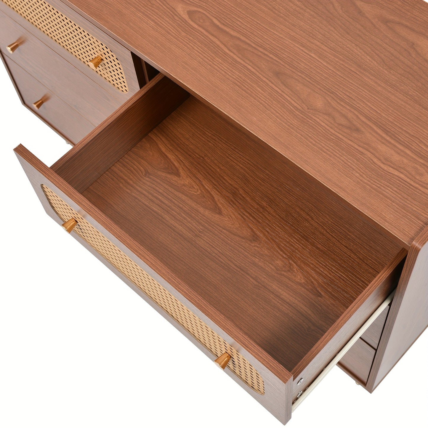 Ladekast – Ladenkast – Dressoir – Opbergkast – Kast – Walnoot Kleur – 6 Ruime Lades – Massief Hout Met Rattan Zijkanten