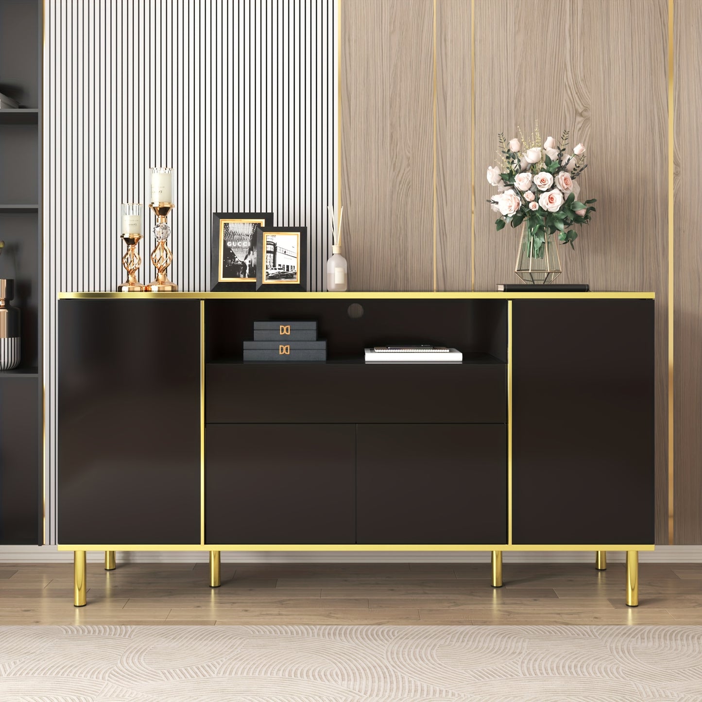 Sideboard, sideboard with four doors, one drawer and a large compartment, space-saving, bedroom chest of drawers, high-gloss sideboard, two colours to choose from, dimensions L150/W40/H80