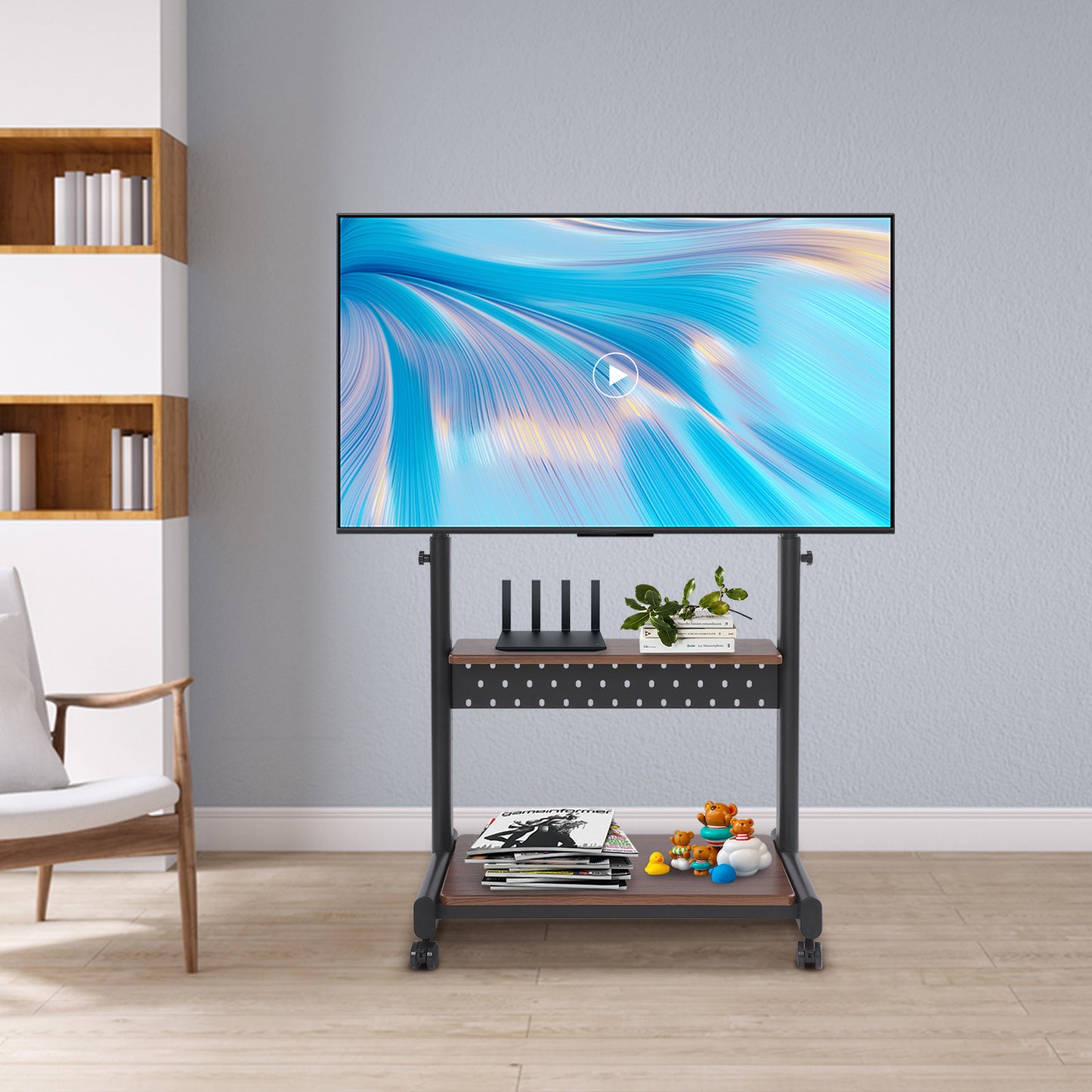 Verstelbare TV-standaard – TV-meubel – TV-houder – TV-onderstel – TV-rack – Zwenkwielen – Verstelbare Hoogte 108,5-128,5 cm – Zwart