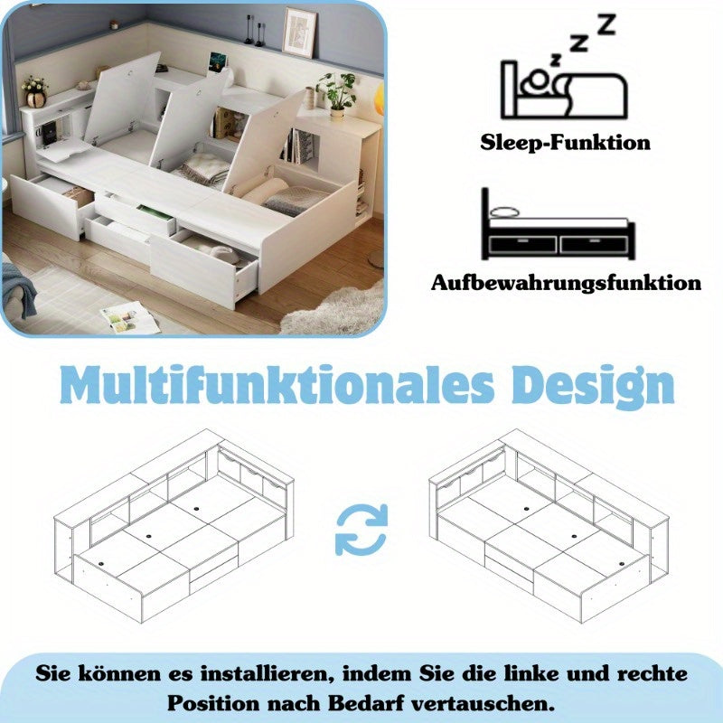 Eenpersoonsbed – Bed – Single Bed – Opbergbed – Slaapkamerbed – 90x200 cm – Ruimtebesparend Met Ingebouwde Lades En Kast – Duurzaam Onderhoudsvriendelijk Niet-Houten Materiaal