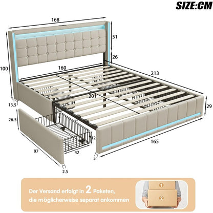 YCZ Bed Frame with Storage Space, Double Headboard Upholstered Bed with LED and USB, Storage Bed with 4 Drawers and Mattress, for Adults, BCDE