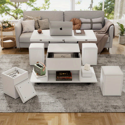 Salontafel – Koffietafel – Bijzettafel – Eettafel – Werktafel – Wit – Liftbaar Tafelblad – Ruime Opbergruimte