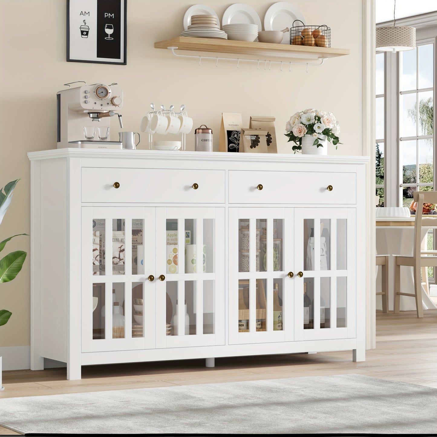 Keukenkast – Opbergkast – Sideboard – Buffetkast – Dressoir – Wit Houten Meubel – 3 Lades & 2 Deuren – Verstelbare Planken – Massief Hout