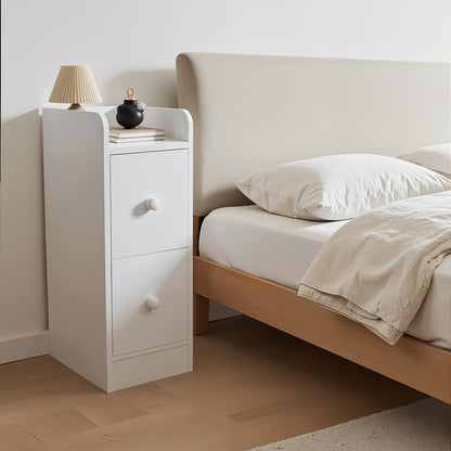 Nachtkastje – Bedside Table – Bijzettafel – Opbertkastje – Smal Kastje – Wit – Ruimtebesparend – 2 Laden Met Soepele Glijders