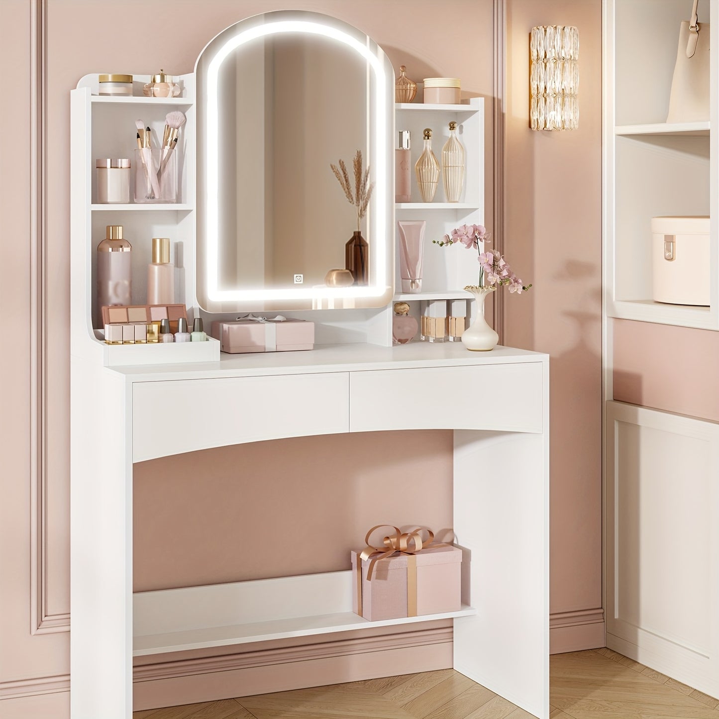 Dressing Table With LED Lighting, Large 90cm Table Top, Dresser With Arched Round Mirror, Hidden Jewellery Organiser Behind The Mirror, 3 Colours, White
