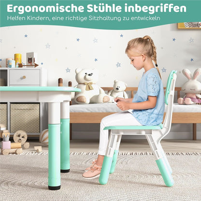 Verstelbare Kindertafel – Kinderbureau – Tafelset – Speeltafel – Eettafel – Met 4 Ergonomische Stoelen – Graffiti Tafelblad – Hoogte Verstelbaar – Veilig & Duurzaam – Groen