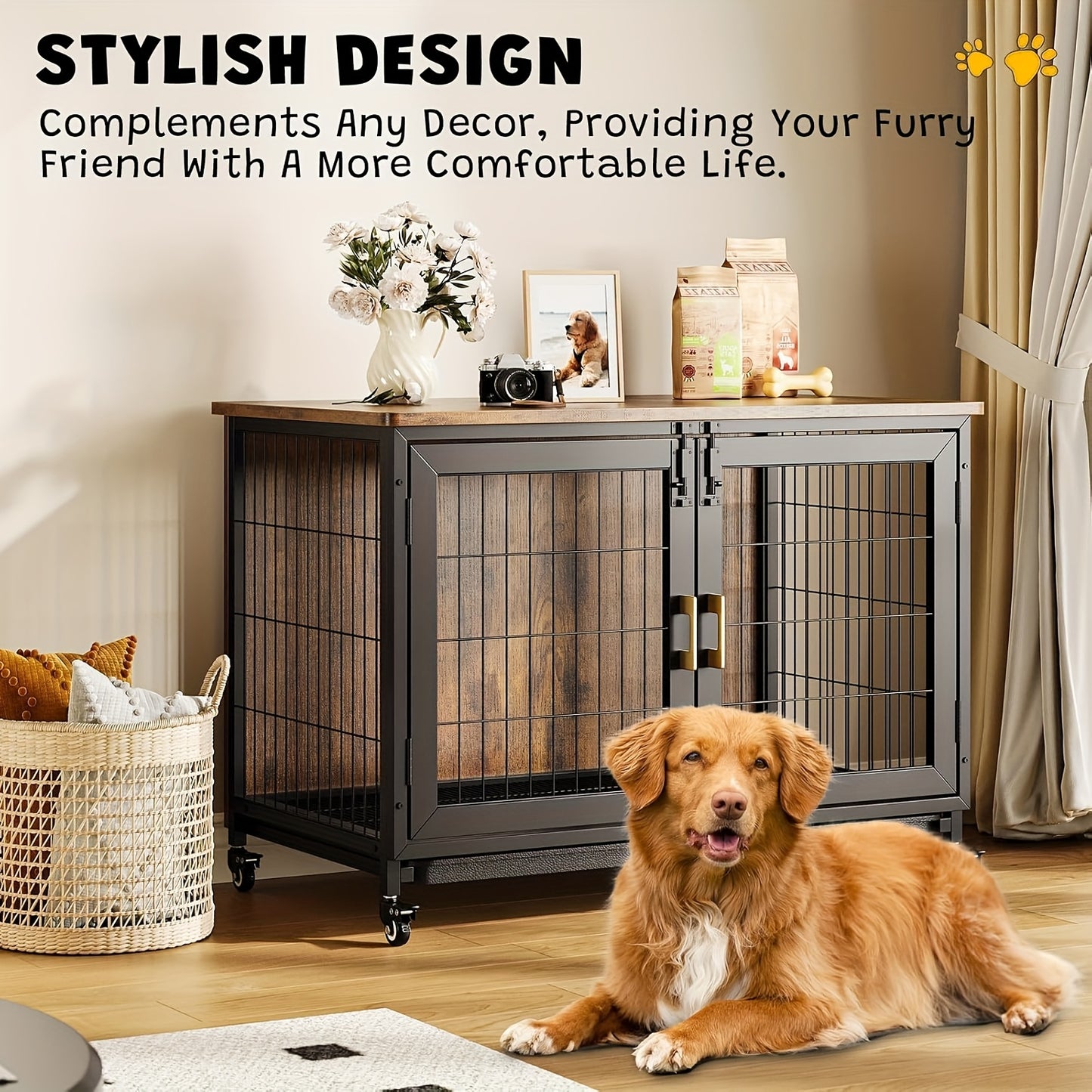 Hondenkennel Grote Maat – Hondenkooi Binnen – Hondenbench Hout – Hondenhok XL – Met Dubbele Deuren – Stevig Stalen Frame – Verplaatsbaar Met Remmen