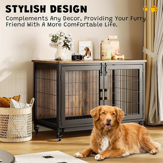 Hondenkennel Grote Maat – Hondenkooi Binnen – Hondenbench Hout – Hondenhok XL – Met Dubbele Deuren – Stevig Stalen Frame – Verplaatsbaar Met Remmen