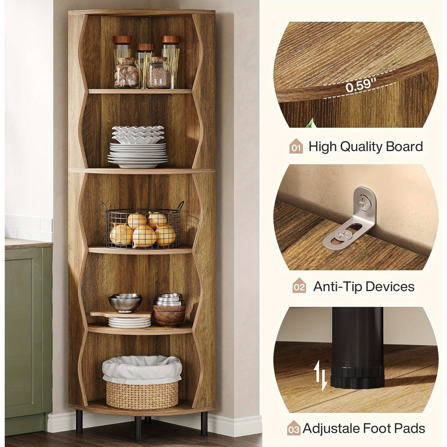 Boekenrek – Boekenkast – Boekenplank – Wandrek – Opbergkast – 5-Lagen Hoekplank – Hoog 182 cm – Stevig MDF Metalen Frame – Space-Saving Design Rustiek Bruin