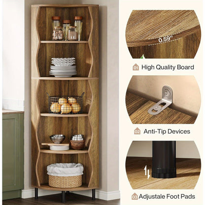 Boekenrek – Boekenkast – Boekenplank – Wandrek – Opbergkast – 5-Lagen Hoekplank – Hoog 182 cm – Stevig MDF Metalen Frame – Space-Saving Design Rustiek Bruin