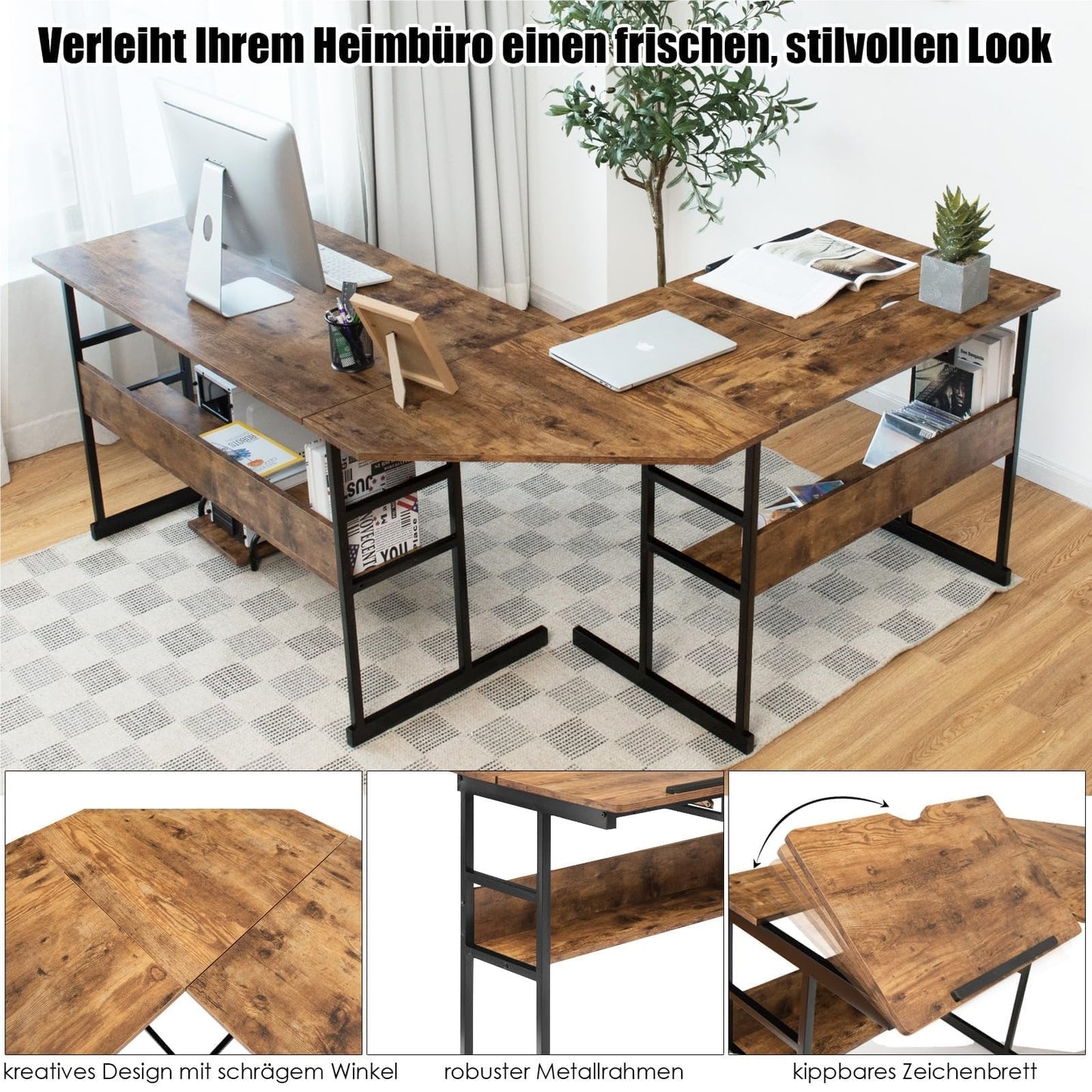 L-Vormige Bureau – Hoekbureau – Computertafel – Werkplek – Bureautafel – Houten Frame – Kantelbaar Blad – 170 x 150 x 75 cm – Bruin