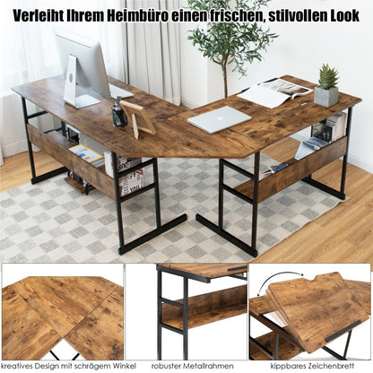 L-Vormige Bureau – Hoekbureau – Computertafel – Werkplek – Bureautafel – Houten Frame – Kantelbaar Blad – 170 x 150 x 75 cm – Bruin