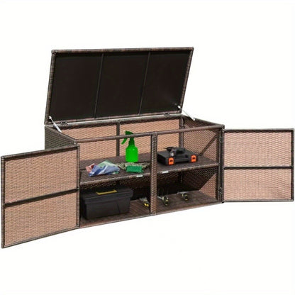 Rattan Opbergkist – Tuinbox – Buitenkast – Opbergkast – Speelgoedkist – Weerbestendig Met Metalen Frame – 2-laags Met Deksels