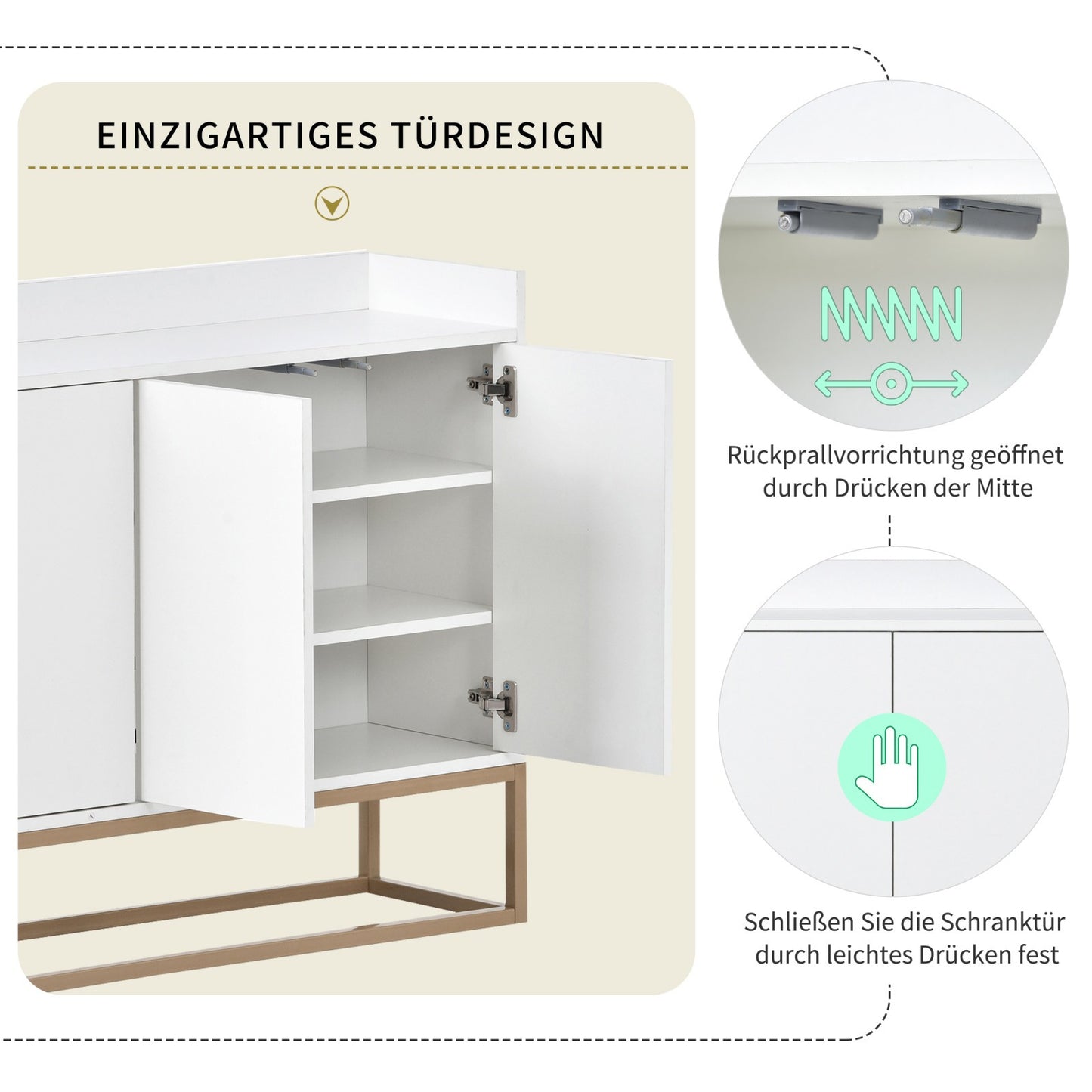 Wit Dressoir – Sideboard – Opbergkast – Buffetkast – Kast – 4-Deurs Handenvrij Design – Verstelbare Legplanken & Metalen Poten – 120x30x80 cm