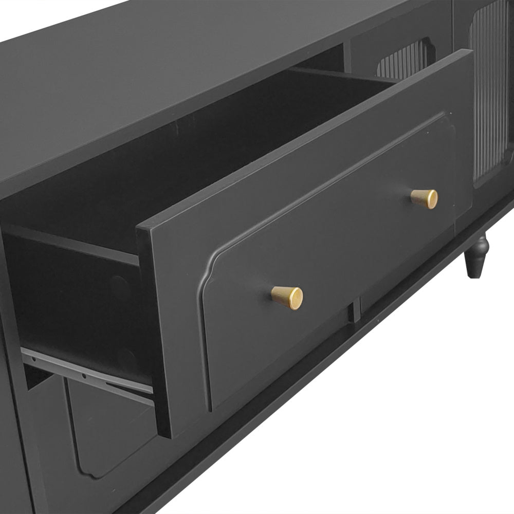 Retro TV-kast – TV Meubel – Lowboard – Mediameubel – Dressoir – Zwart Met Gouden Accenten – Push-to-Open Lades – Stevige Houten Poot Met Metaal