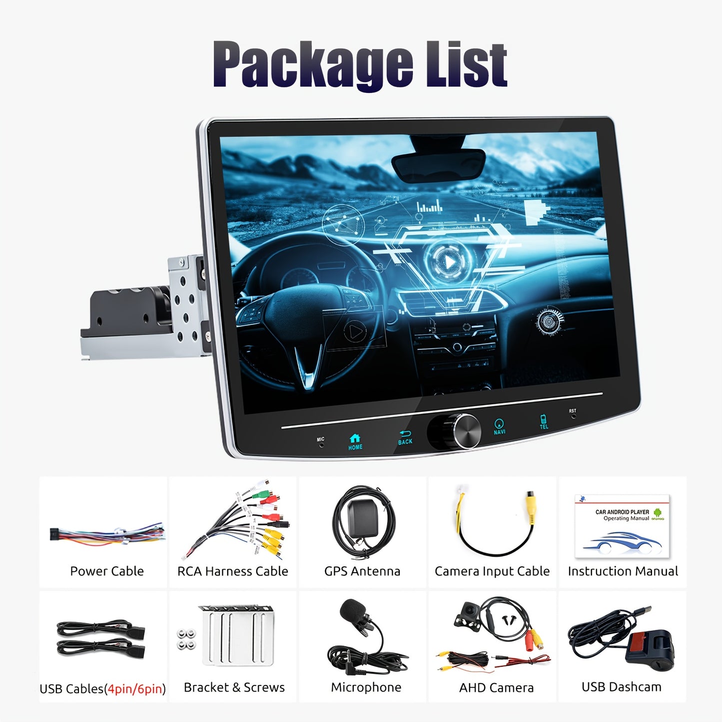 Autoradio – Car Stereo – Auto Radio – Multimedia Speler – 1 DIN – Android 14.0 – 10,1 Inch HD IPS Touchscreen – AHD Camera & Microfoon