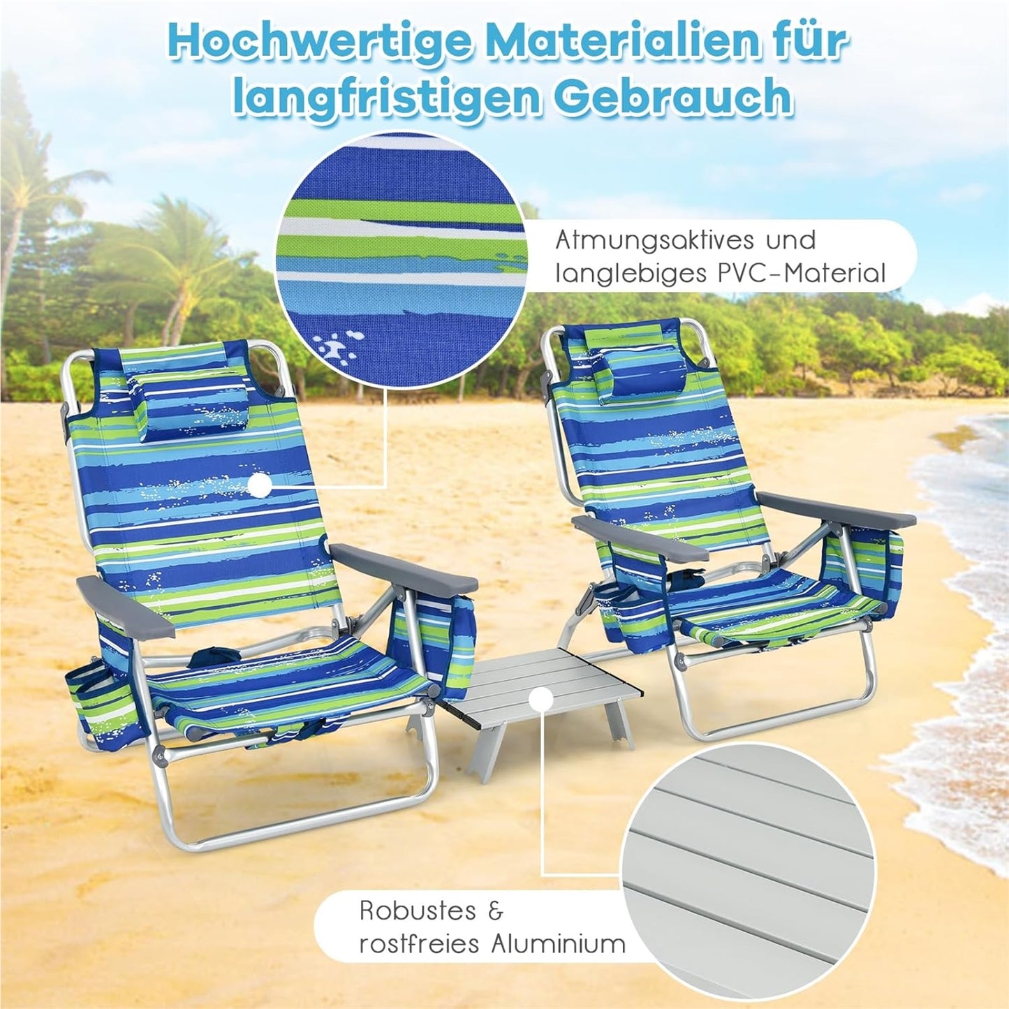Campingstoel – Strandstoel – Kampeerstoel – Ligstoel – Tuinstoel – 3-Delige Set Blauw + Groen – Verstelbare Rugleuning – Inclusief Koelvak & Opbergvakken