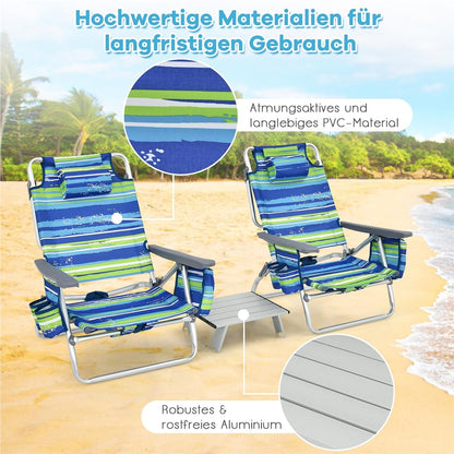Campingstoel – Strandstoel – Kampeerstoel – Ligstoel – Tuinstoel – 3-Delige Set Blauw + Groen – Verstelbare Rugleuning – Inclusief Koelvak & Opbergvakken