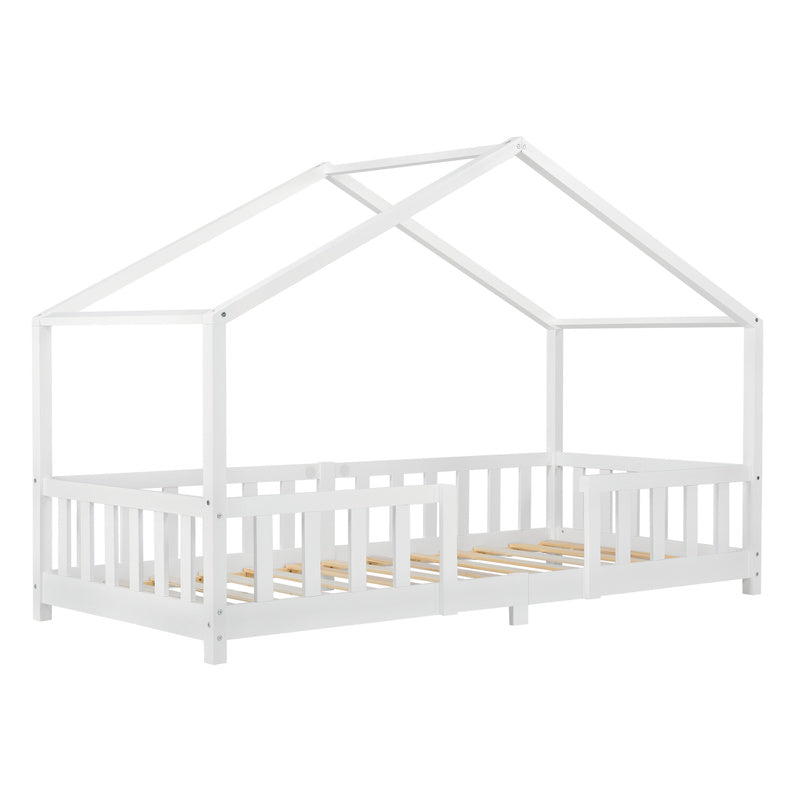 Kinderbed – Kinderbedje – Peuterbed – Peuterbedje – Huisbed – Valbeveiliging – Dennenhout – Wit – 90x200 cm