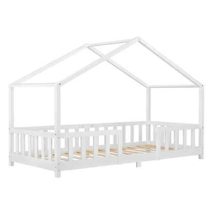 Kinderbed – Kinderbedden – Eenpersoonsbed – Hoogslaper – Stapelbed – Huisvormig Design – Valbeveiliging – Grenenhout – 140x200 cm