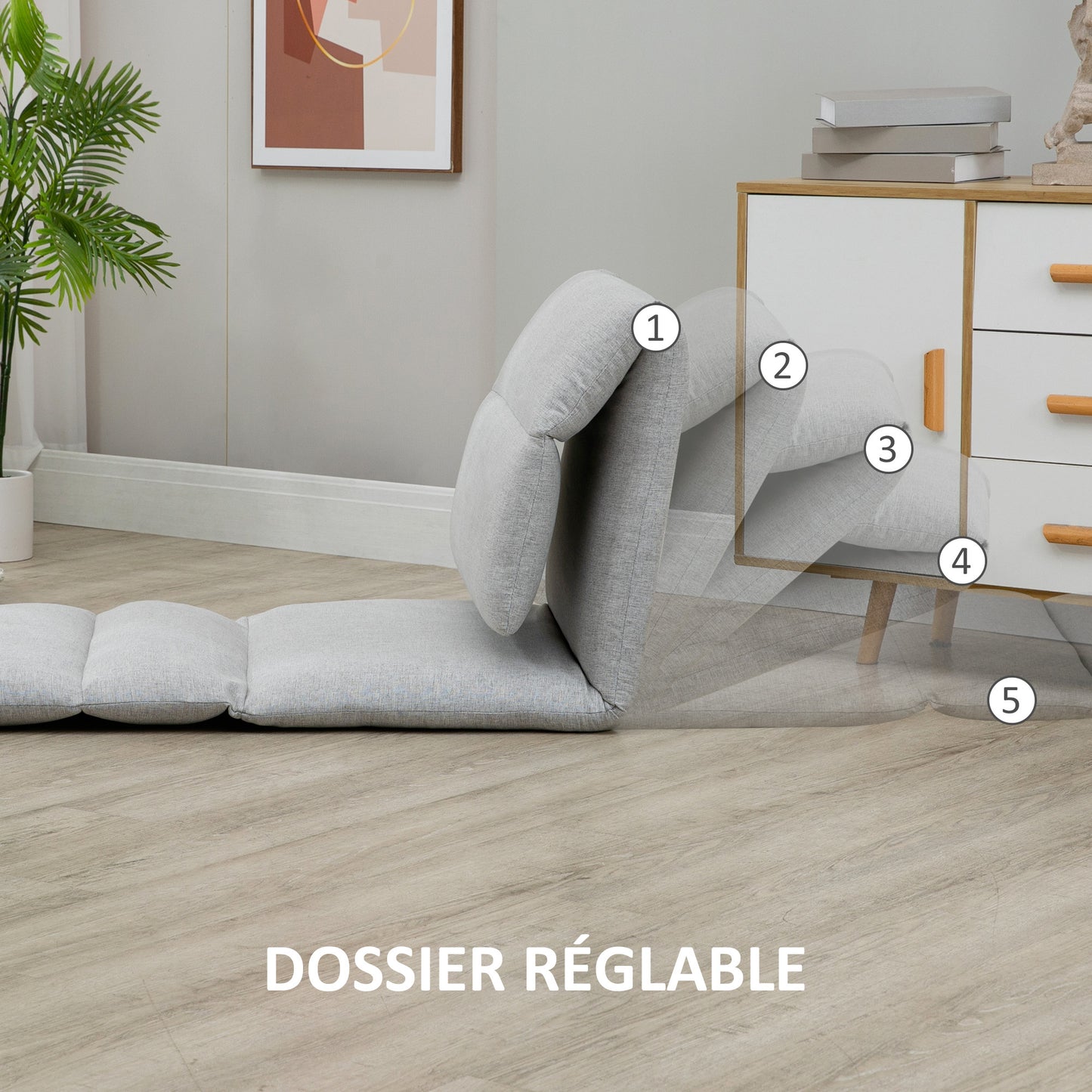 Vloersofa – Loungestoel – Fauteuil – Relaxstoel – Slaapstoel – Verstelbaar in 5 standen – Polyester linnenlook bekleding – Compact formaat 72x71x60 cm – Grijs