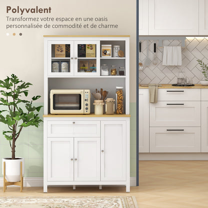 Keukenkast – Keukenbuffet – Vitrinekast – Opbergkast – Hoge Kast – 5 Deuren Inclusief 2 Glazen Deuren – Met Lade En Kabeldoorvoer – 180 cm Hoog – Witte MDF Afwerking