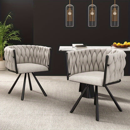 Eetkamerstoel – Bureaustoel – Draaifauteuil – Stoelenset – Linnen Bekleding – Licht Beige – Zwarte Metalen Poten – Draaibaar – Compact Formaat
