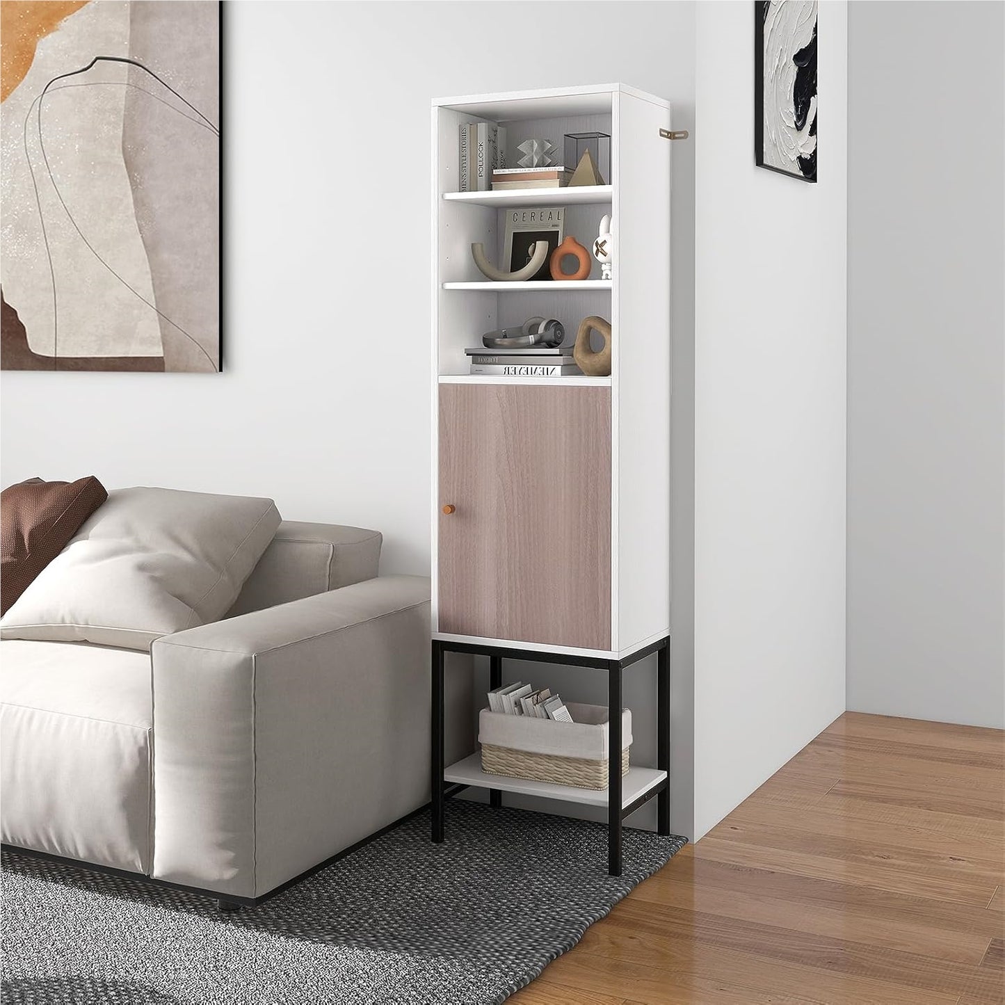 Smalle Kast – Smalle Opbergkast – Hoge Kast – Badkamerkast – Witte Kast – Verstelbare Planken – Compact 38x30x146 cm