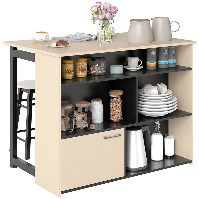 Bardes – Barset – Bartafel – Barkrukken – Opbergmeubel – Inklapbaar Tafelblad – 2 Comfortabele Barkrukken – 6 Handige Opbergvakken