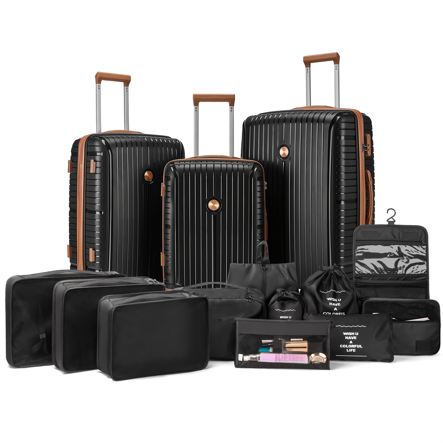 Reiskofferset – Koffer Set – Bagage Set – Trolley – Handbagage – 6-delige Zwart Bruin Set – ABS Hardcase – TSA Cijferslot