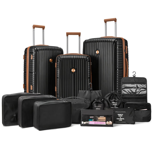 Reiskofferset – Koffer Set – Bagage Set – Trolley – Handbagage – 6-delige Zwart Bruin Set – ABS Hardcase – TSA Cijferslot