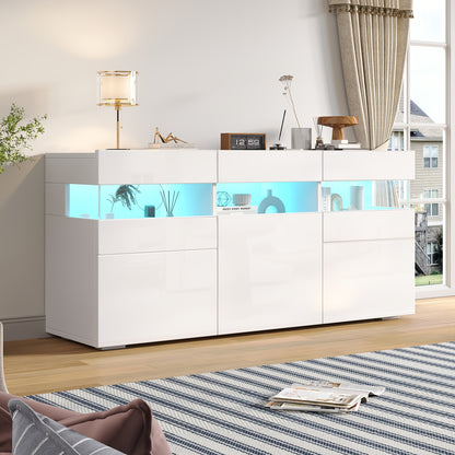 Dressoir – Sideboard – Kast – Opbergkast – Woonkamermeubel – Wit Hoogglans – 140 cm Breed – Duurzaam Bamboe – Drie Deuren Met 7 Planken