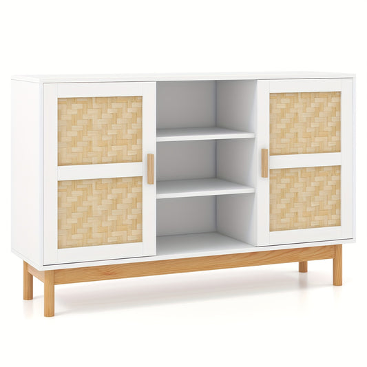 Keukenopbergkast – Dressoir – Buffetkast – Sideboard – Kast – Wit Met Bamboe – 3 Open Planken – 2 Zijdeuren Met Bamboe Vlechtwerk