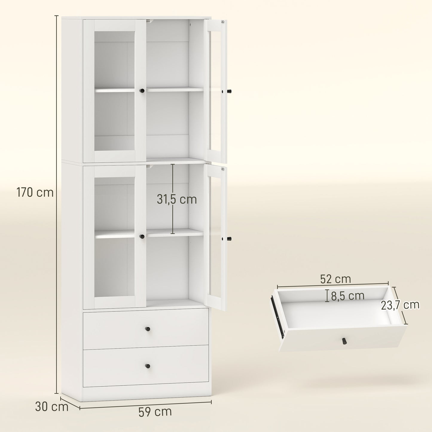 Keukenkast – Kast – Opbergmeubel – Dressoir – Ladekast – Wit – Glazen Deuren – Melamine Afwerking – Elektriciteitsvrij