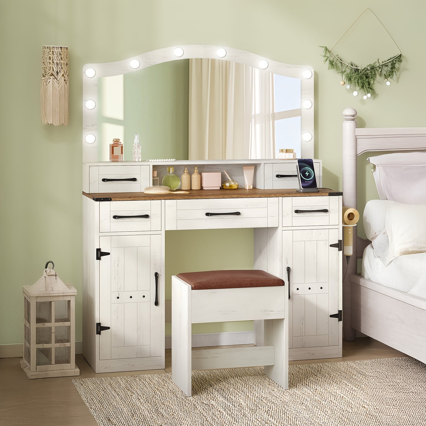 Kaptafel – Make-up Tafel – Cosmeticatafel – Opmaken Tafel – Vanity Table – Met Spiegel en LED Verlichting – 108 cm Breed – Inclusief Krukje en Stopcontact