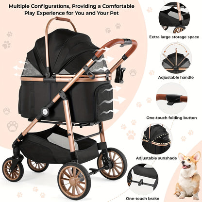 Huisdierenwagen – Dierenwagen – Hondenwagen – Kattenwagen – Draagmand – Champagne Golden + Zwart – 4-in-1 Multifunctioneel – Stevig Carbon Stalen Frame